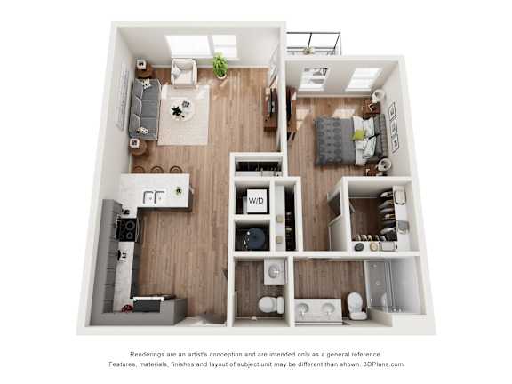 A 3D floor plan of a small apartment with a living room, kitchen, and bedrooms.