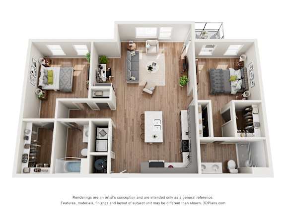 A 3D floor plan of a small apartment with a kitchen, living room, and two bedrooms.