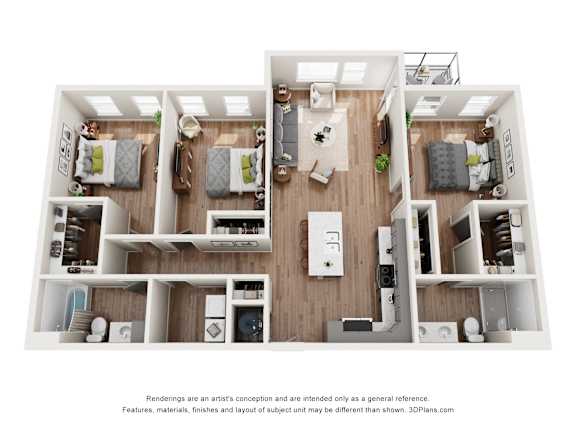A 3D floor plan of a house with a kitchen, living room, and two bedrooms.