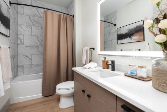 a bathroom with a sink and a toilet and a shower at Bemiston Place Apartments, Clayton, 63105