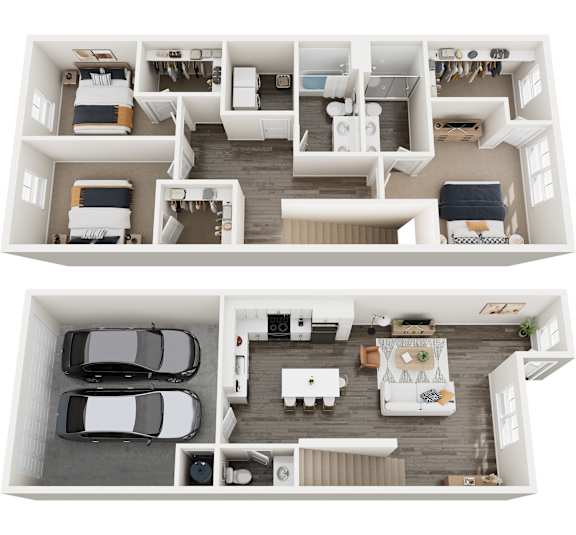 A top-down view of a two-story house with a living room, kitchen, and bedrooms.