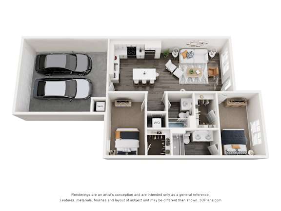 A 3D floor plan of a house with two bedrooms, a living room, a kitchen, and a garage.