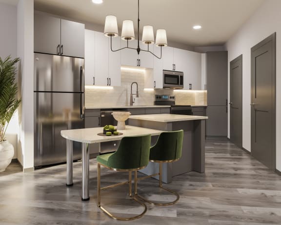 a kitchen with stainless steel appliances and a white island with three green chairs at The Porter, Missouri, 63146