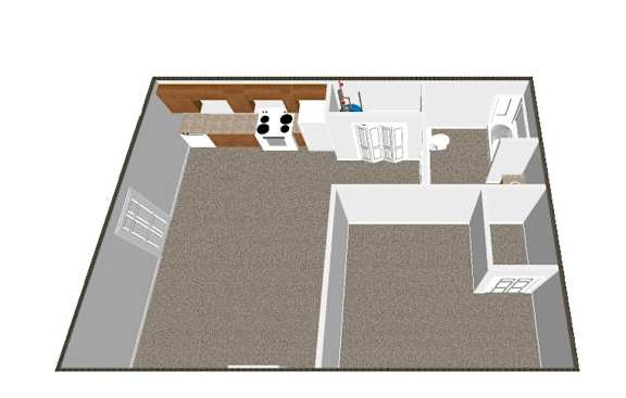 A floor plan of a house with a kitchen, living room, and two bedrooms.