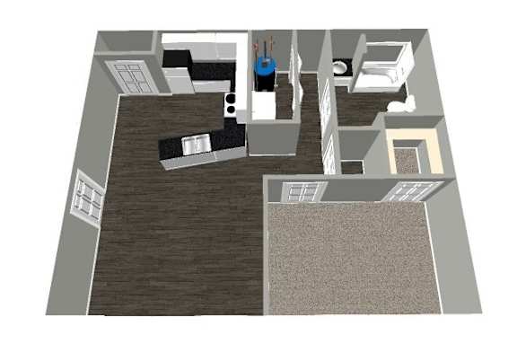 A 3D rendered image of a house layout.