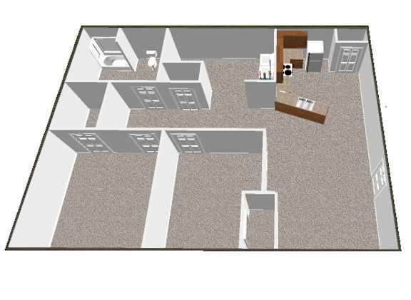 A 3D image of a house layout with rooms and furniture.