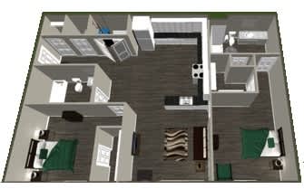 A 3D rendered image of a house layout.