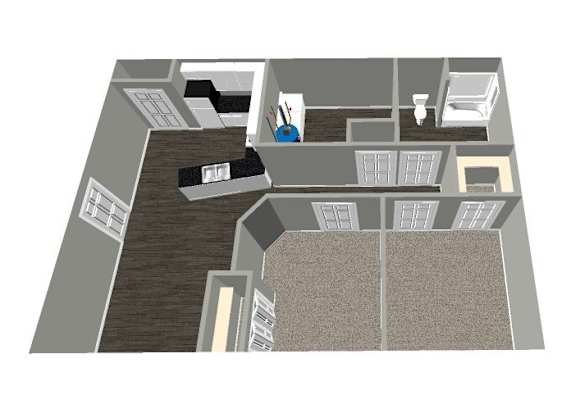 A 3D floor plan of a house with a kitchen, living room, and bathroom.