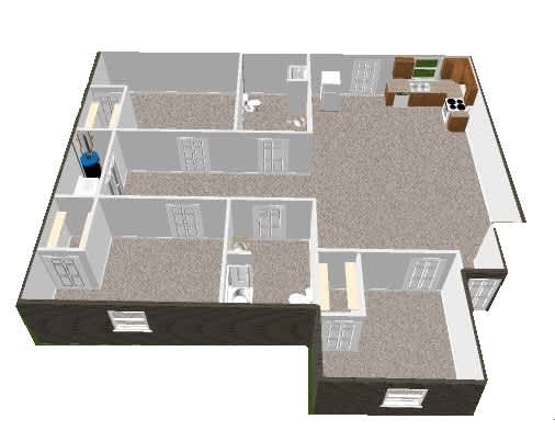 A 3D rendered image of a house layout.