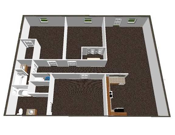 A 3D rendered image of a house layout.