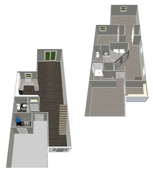 A 3D floor plan of a house with a staircase.