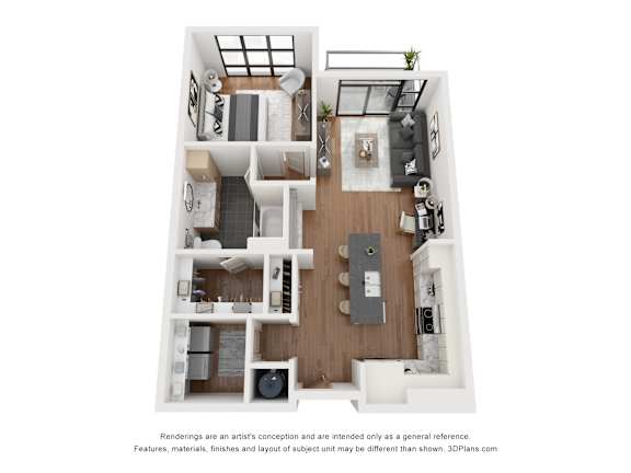 A 3D floor plan of a small apartment with a kitchen, living room, and bedroom.