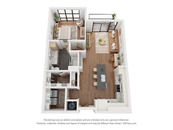A 3D floor plan of a small apartment with a kitchen, living room, and bathroom.