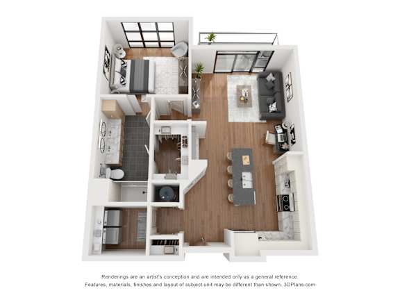 A 3D floor plan of a small apartment with a kitchen, living room, and bedroom.