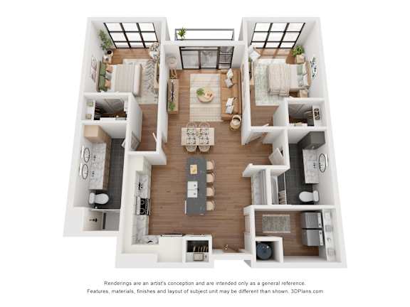 A 3D floor plan of a house with a kitchen, living room, and two bedrooms.