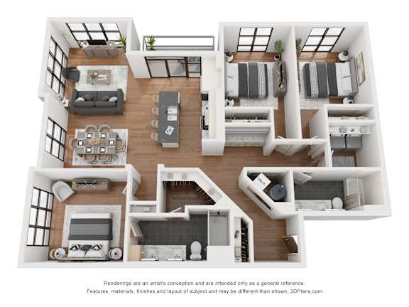 A 3D floor plan of a house with multiple rooms and furniture.