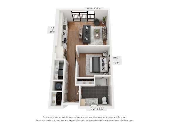 3D floor plan with bedroom hallway and bathroom at Plaza at Pinnacle Hills Apartments, Rogers, 72758