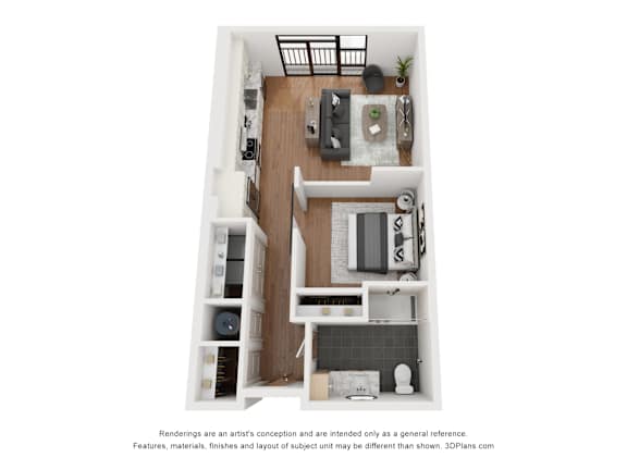 A 3D floor plan of a small apartment with a kitchen, living room, and bedroom.