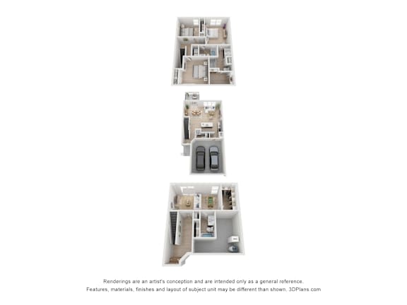 Three images of a house layout from different angles.