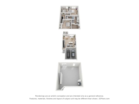 Three images of a room layout with a kitchen and bathroom.