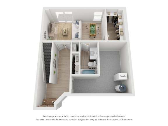 A 3D floor plan of a house with a kitchen, living room, and bathroom.