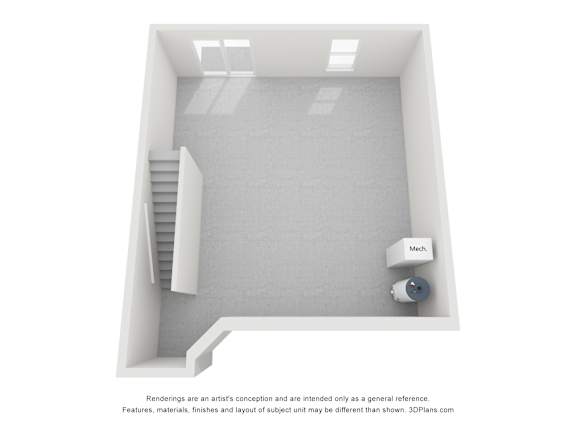 A 3D image of a room with a staircase, a wall-mounted speaker, and a light fixture.