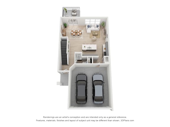 A 3D floor plan of a house with two cars parked in the garage.