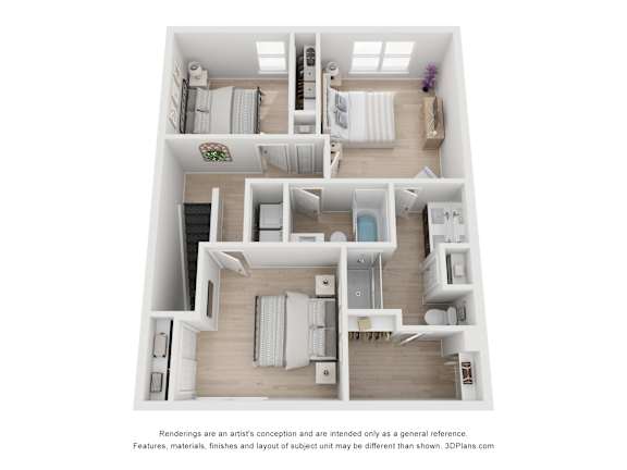 A 3D floor plan of a house with multiple rooms and furniture.