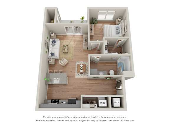Floor Plan  A 3D floor plan of a house with a kitchen, living room, and two bedrooms.