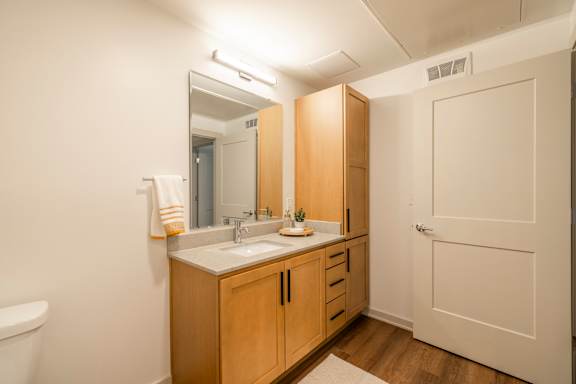 A bathroom with a sink, mirror, and wooden cabinets.