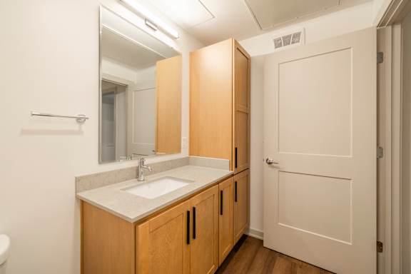 A bathroom with a sink, mirror, and wooden cabinets.