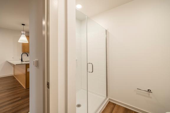 A white bathroom with a walk in shower.