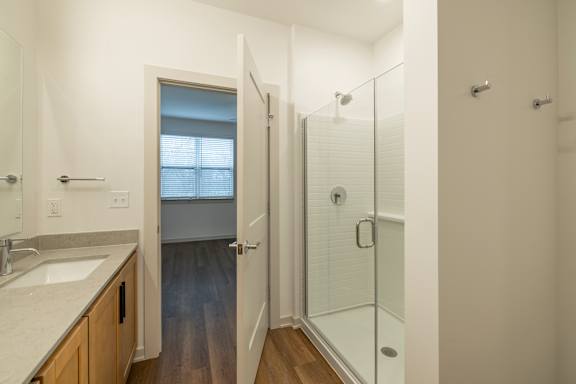 A bathroom with a walk in shower and a sink.