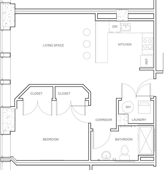 1 bed 1 bath B Floorplan at Studebaker Lofts, South Bend, Indiana