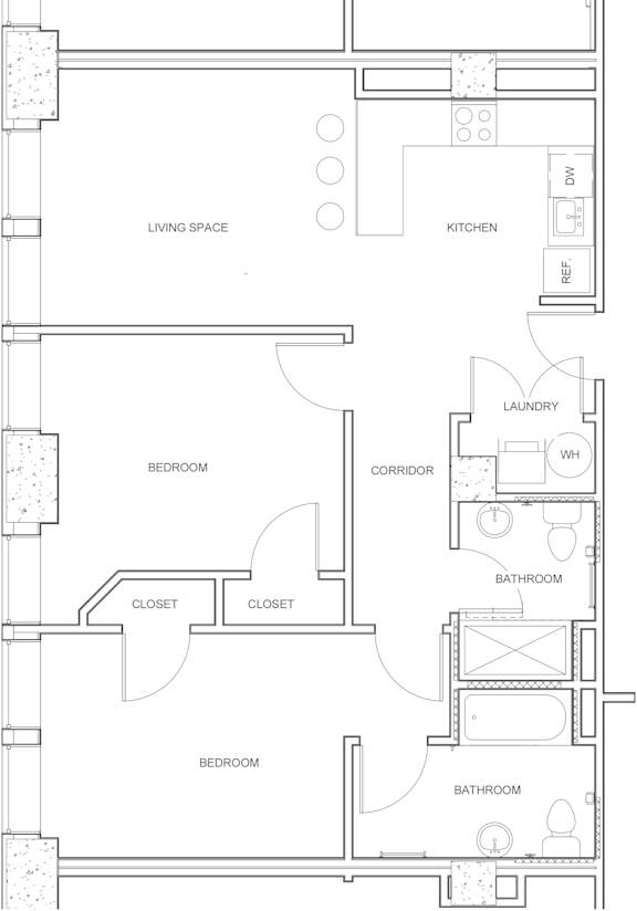 A floor plan of a house with a living space, kitchen, laundry, and multiple bedrooms and bathrooms.