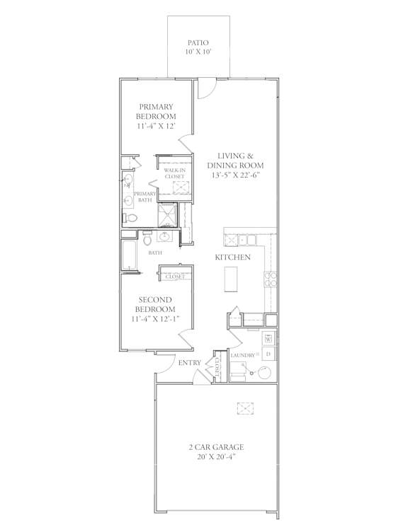 A floor plan of a house with a living and dining room, two bedrooms, a bathroom, a kitchen, a laundry room, and a 2 car garage.