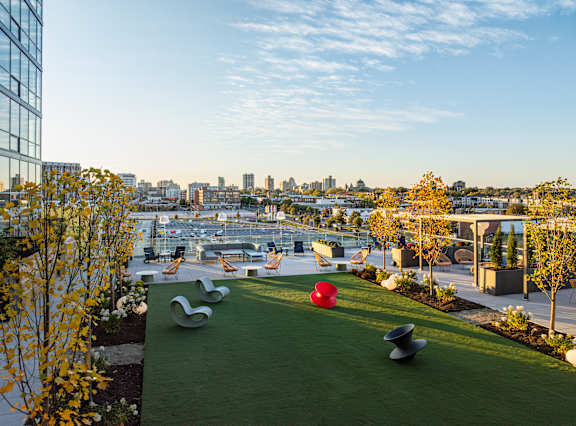 A green space with a view of the city skyline.