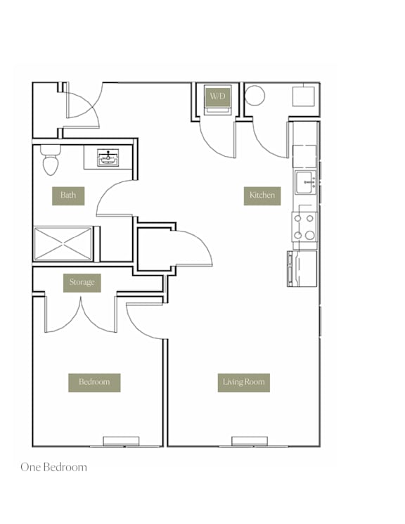 A floor plan of a one bedroom apartment.