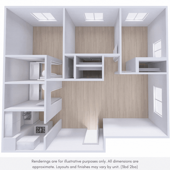 A rendering of a room with bunk beds and desks.