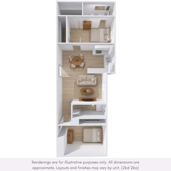 A 3D rendering of a modern apartment layout with a living room, dining area, and kitchen.