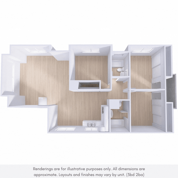 A 3D rendering of a house layout with a kitchen, living room, and two bedrooms.