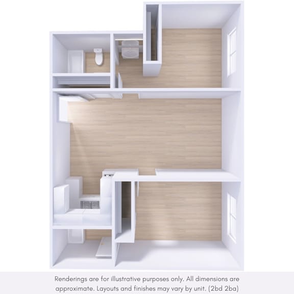 A 3D rendering of a modern, minimalist apartment layout.
