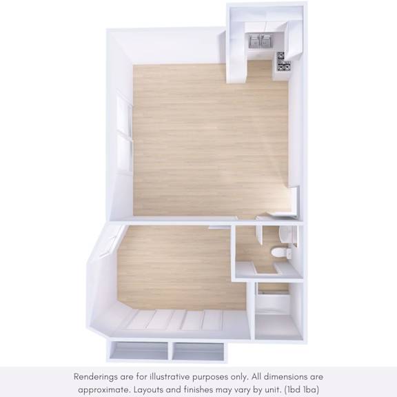 A white and wood floor plan of a small apartment.