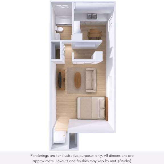 A 3D rendering of a modern, minimalist interior design.
