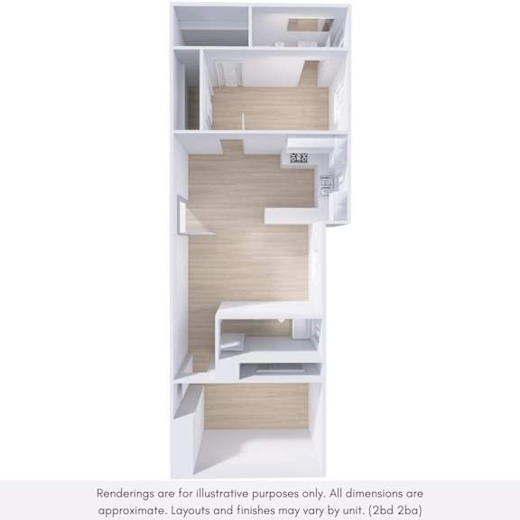 A 3D rendering of a modern apartment layout.