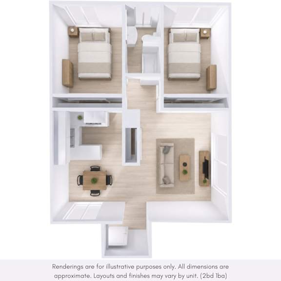 A top-down view of a house interior with two bedrooms, a living room, a kitchen, and a dining area.