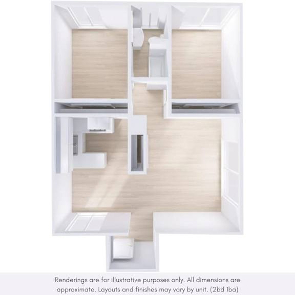 A white and wood floor plan of a house with a kitchen, living room, and two bedrooms.