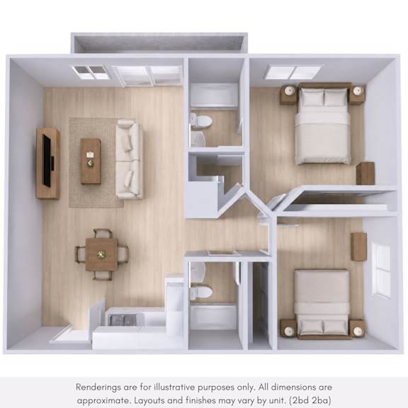 A 3D rendering of a small, modern, and efficient apartment layout.