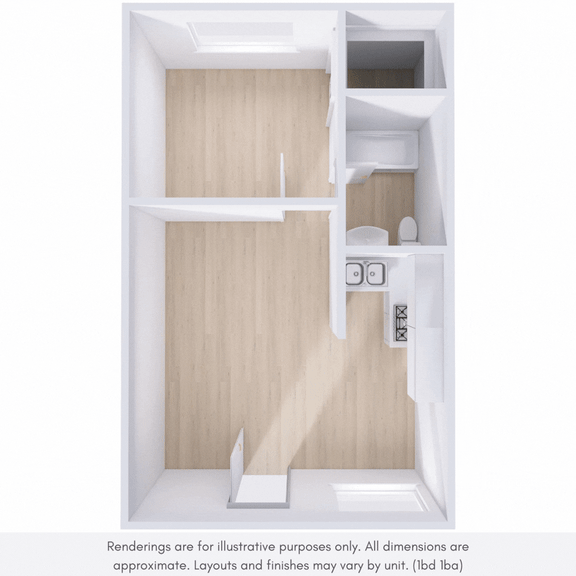 A white architectural rendering of a room with a door and a window.