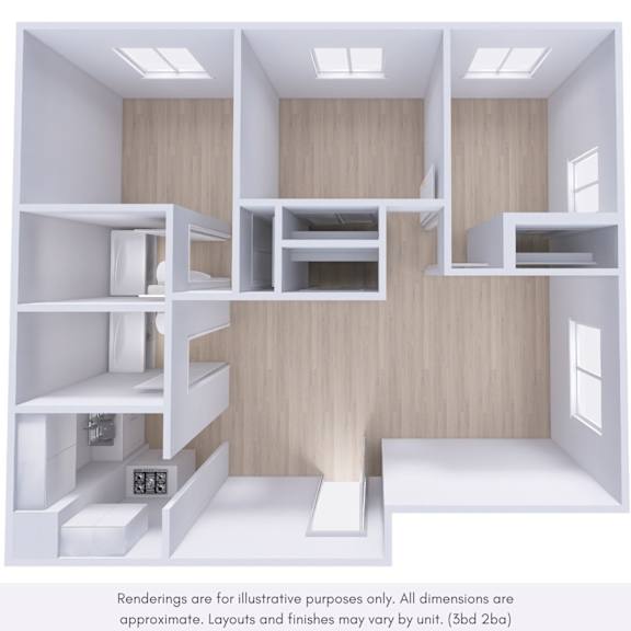 A rendering of a room with bunk beds and a desk.